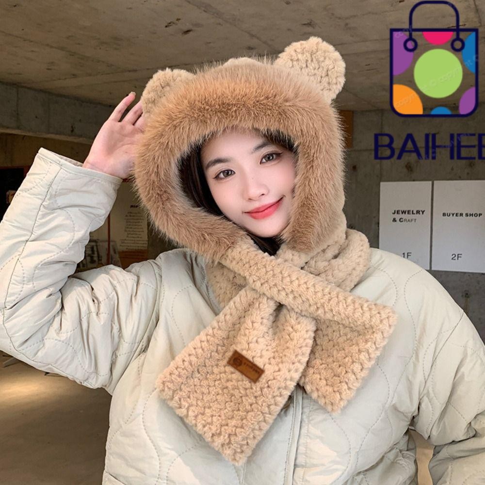 ไป๋เฮ หมวกบีนนี่หมวกผ้าพันคอ,ตุ๊กตาหนาแบบบูรณาการหมวกผ้าพันคอ,ฤดูหนาวที่อบอุ่น กันลม นุ่มป้องกันหูหมวกกลางแจ้ง