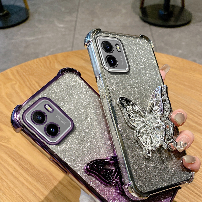 ปลอกสําหรับ Vivo Y15A Y15S Y01A Y01 Y16 Y56 5G Y76 Y76S Y77 5G Y77E หรูหราสี่มุม Anti Drop Butterfly Stand Bracket Glitter ผงฝาครอบป้องกัน