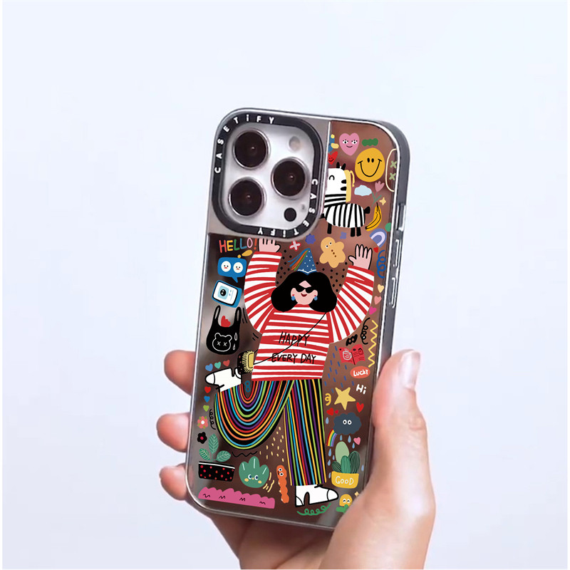Casetify X Happy ทุกวันแม่เหล็กดูด Black & Sliver Mirror IPhone Case IPhone 16 15 14 13 12 Pro Max Plus Hard Back Case Cover พร้อมกล่องแกะสลักโลโก้