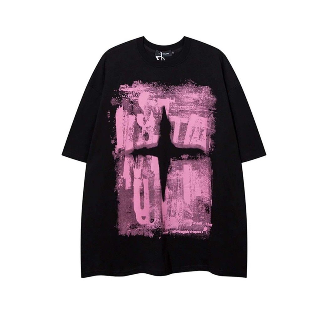 (จัดส่งตลอด 24 ชั่วโมง)Woo Right Unisex สไตล์อเมริกันวินเทจเสื้อยืดขนาดใหญ่พิมพ์ผู้ชาย กราฟิก สีดําสีขาว HY