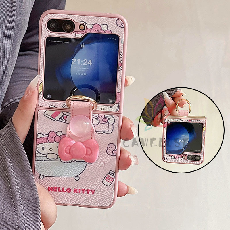 SAMSUNG แมวน่ารักสีชมพูเคสโทรศัพท์samsung Galaxy Flip 6 Z Flip 5 Z Flip 4 Z Flip 3 ขอบซิลิโคนหนังPUแหวนSlimกันกระแทกฝาหลังFlip6 Flip5