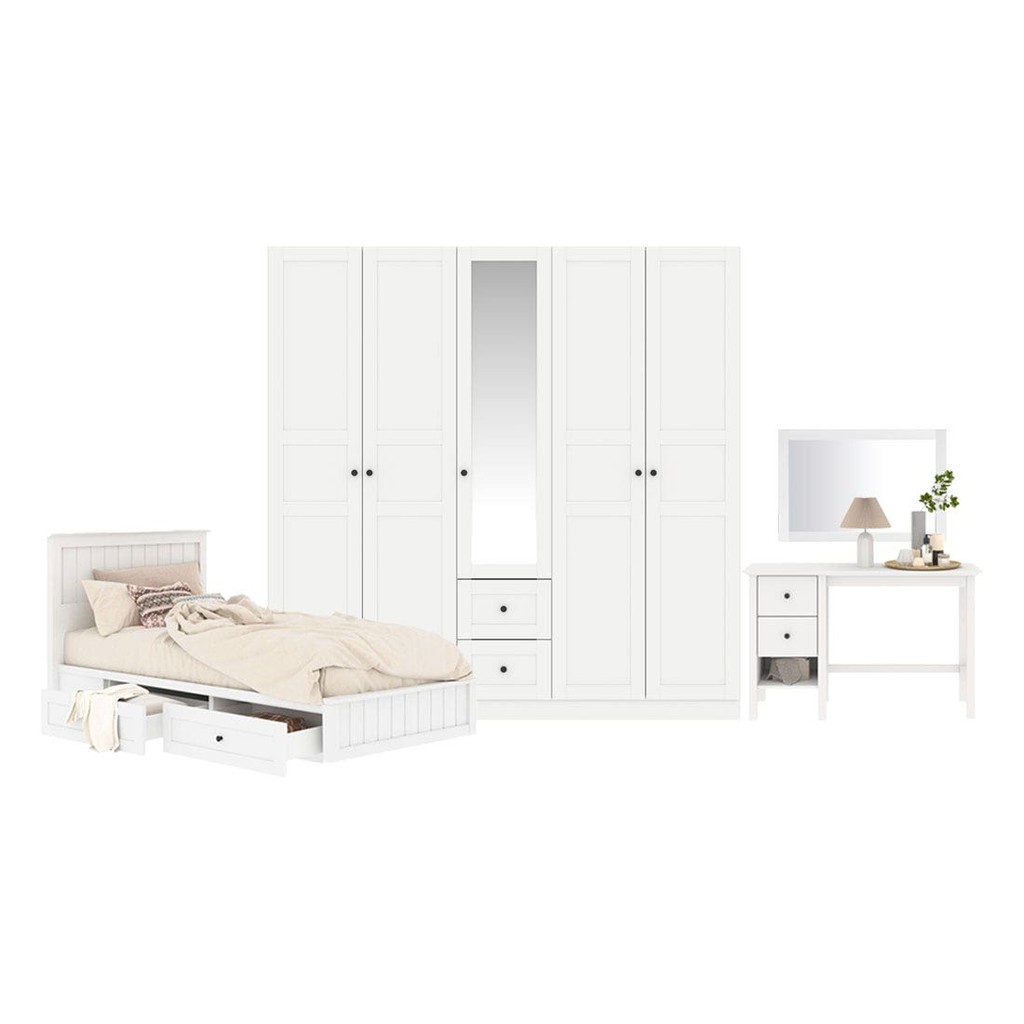 Koncept Furniture ชุดห้องนอน ขนาด 3.5 ฟุต แบบลิ้นชัก รุ่น Moneta & ตู้เสื้อผ้าขนาด 200 ซม. สีขาว  แบรนด์ KONCEPT FURNITU