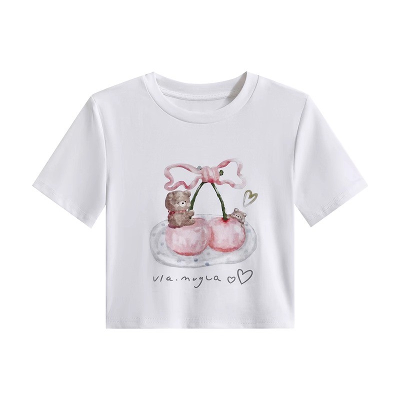 COD（จัดส่งภายใน 24 ชั่วโมง）เสื้อครอป cotton t shirt เชอร์รี่ สีขาว/สีครีม แฟชั่น เสื้อเชิ้ตผู้หญิง