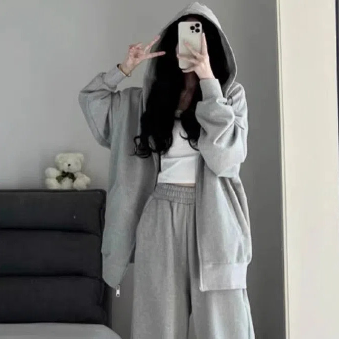 ชุดกีฬาผู้หญิงยาวบางสีทึบคาร์ดิแกนเสื้อกันหนาวหมวกเวอร์ชั่นเกาหลีขี้เกียจลมแขวนกางเกงขากว้างชุดสองชิ้น