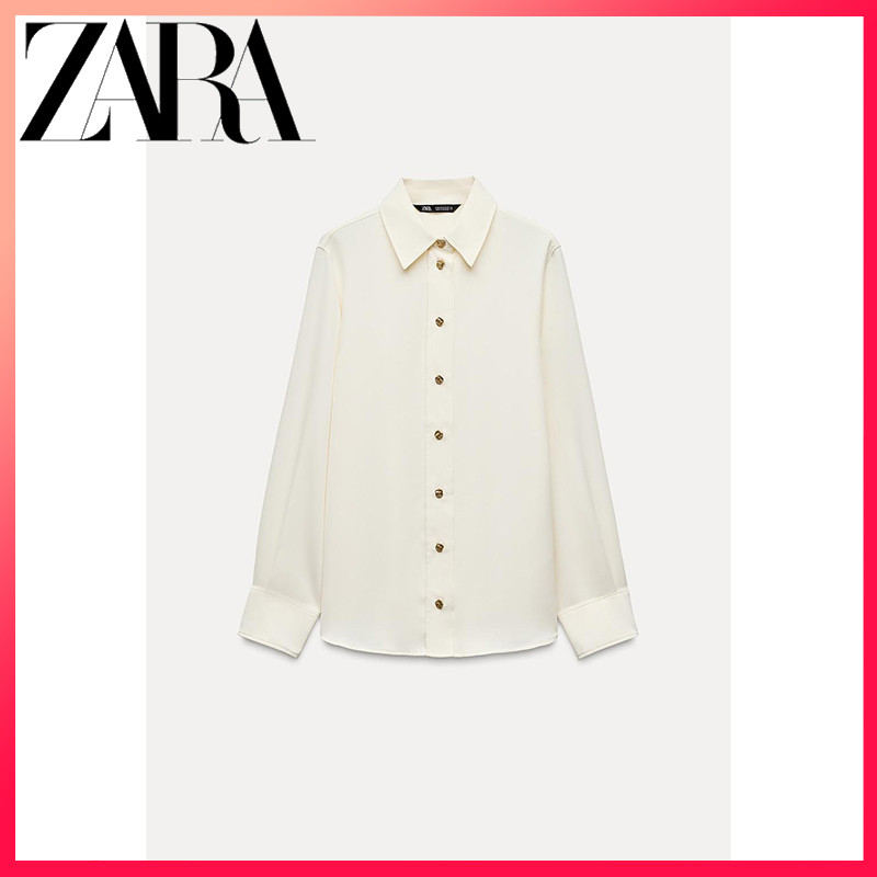ZARA ซาร่า สินค้าใหม่เสื้อเชิ้ตผ้าเดรปแขนยาวกระดุมสีทองของผู้หญิง
