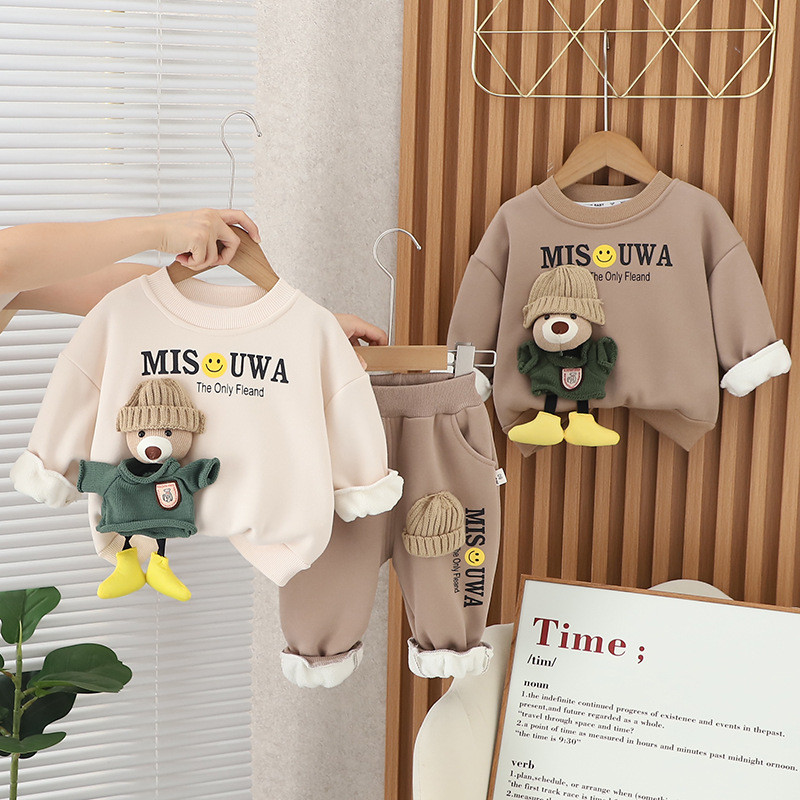 ฤดูหนาวเด็กเด็กวัยหัดเดินชายหญิงเสื้อผ้าสูทการ์ตูนน่ารักตุ๊กตาหมี โอ-คอเสื้อกันหนาว+กางเกงขายาว2ชิ้นสบายๆเด็กตุ๊กตา ข้น ชุด