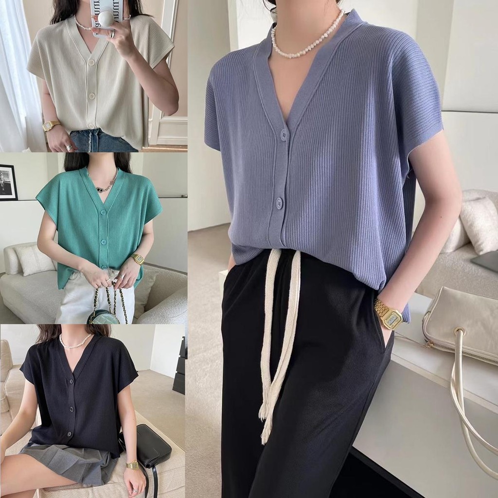 Chemise#เสื้อไหมพรมแขนสั้นคอวี เสื้อกั๊กหลวมสเวตเตอร์สไตล์ bm เสื้อทรงเข้ารูปอเนกประสงค์ ผ้าไหมเย็น แฟชั่น 6 สี#A129