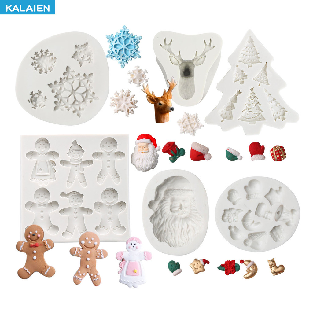 Kailaen 6 รูปแบบคริสต์มาสซิลิโคน Fondant แม่พิมพ์กวาง,ต้นคริสต์มาส,เกล็ดหิมะ,Snowman,Santa claus รูปร่างแม่พิมพ์ DIY Sugarcraft,Clay Fondant แม่พิมพ์ Easy Release เค้กตกแต่ง