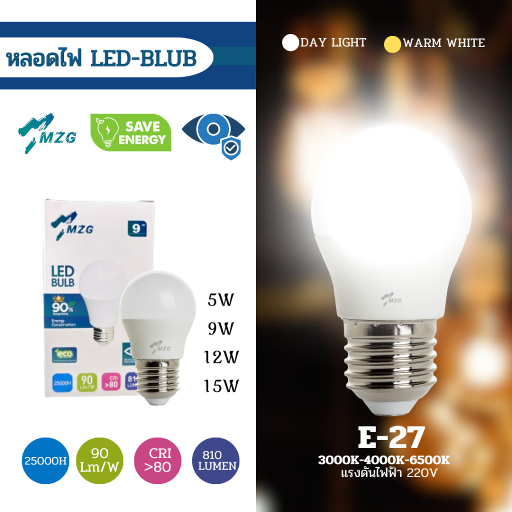 หลอดไฟ LED ทรงกลม แสงสีขาว E27 ยี้ห้อ MZG หลอดไฟบ้าน ไฟห้องนอน หลอดปิงปอง