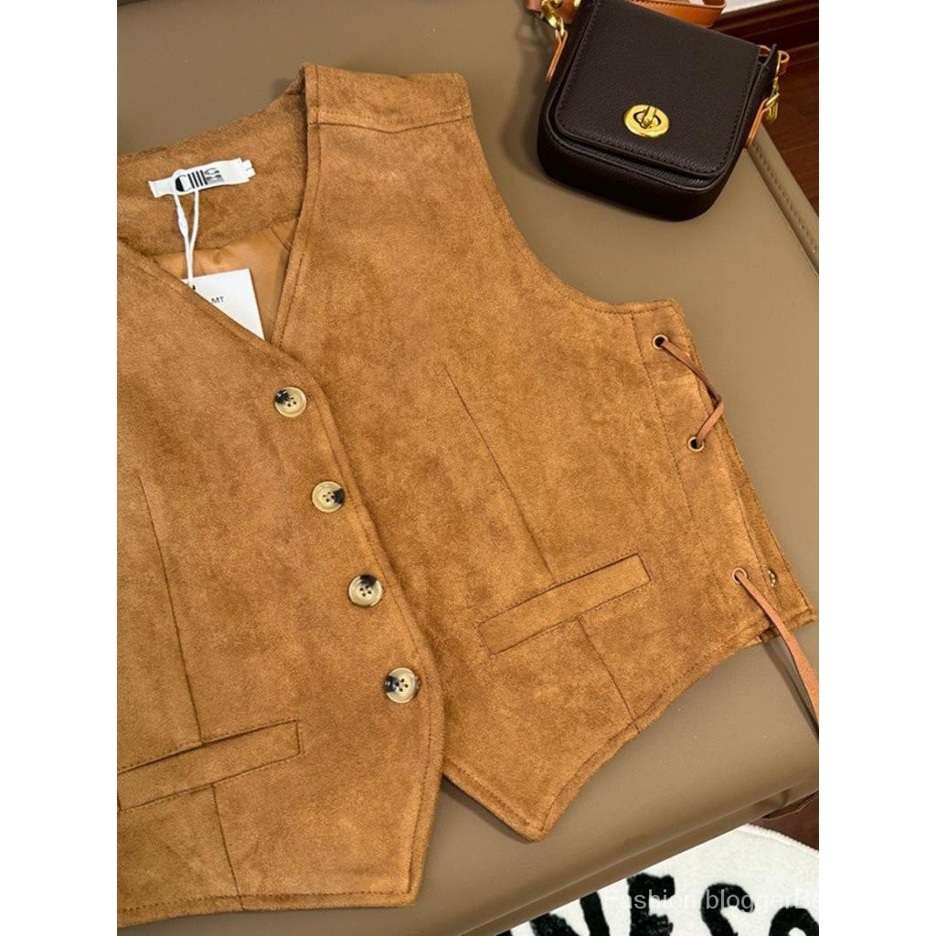 [套装内容] สไตล์ฝรั่งเศส Retro Lace Up เย็บ Suede Vest Coat ผู้หญิงฤดูใบไม้ร่วง high SENSE ผ้าพันแผลชุดสั้น V คอเสื้อกั๊กขนาดเล็ก