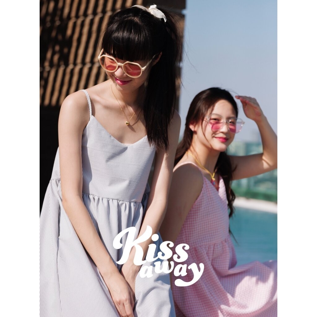 Ginger dress (043) เดรสไม่ต้องรีด เดรสสั้นสายเดี่ยว ลายทางฟ้าขาว ลายตารางสีส้ม ใส่เที่ยวสบายๆ