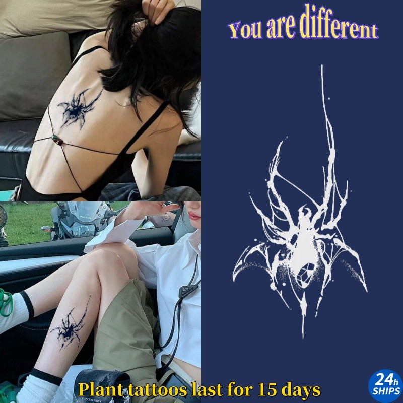 สีดําเงาแมงมุมรูปแบบสักสาวเซ็กซี่ขาพืชสักสติกเกอร์รอยสักกันน้ํายาวนาน165วันสติกเกอร์ผิวรอยสักปลอมชั่วคราว