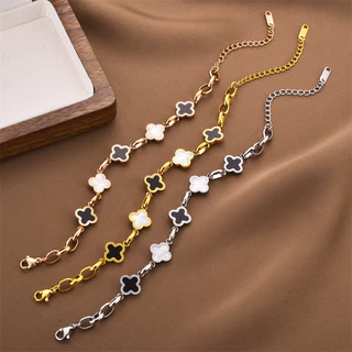 เวอร์ชั่นเกาหลีอารมณ์สีดําสีขาวโคลเวอร์สี่ใบสร้อยข้อมือเหล็กไทเทเนียมหญิงโมริการออกแบบเฉพาะสร้อยข้อมือ