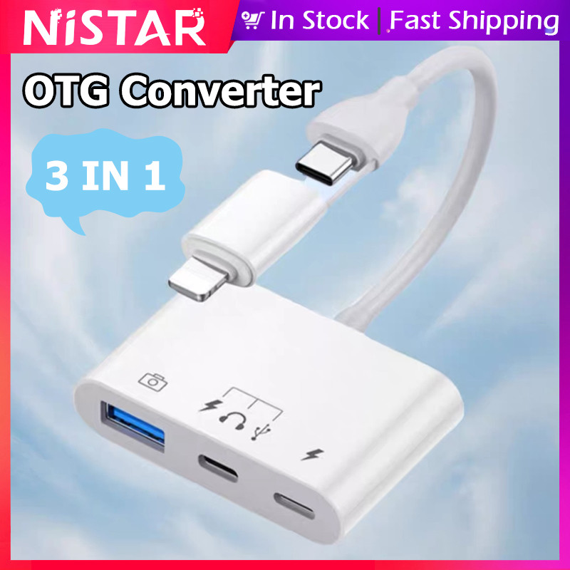 Nistar Lightning/Type-C ถึง USB + Type-C + อะแดปเตอร์พอร์ตชาร์จเหมาะสําหรับ iPhone 16 plus 15 Pro 14