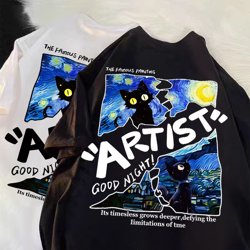 Basi เสื้อยืด oversize unisex สกรีนหน้าหลัง ลาย "ARTIST CAT"ดาวสันสกฤต ผ้าคอตตอน100% ใส่สบาย