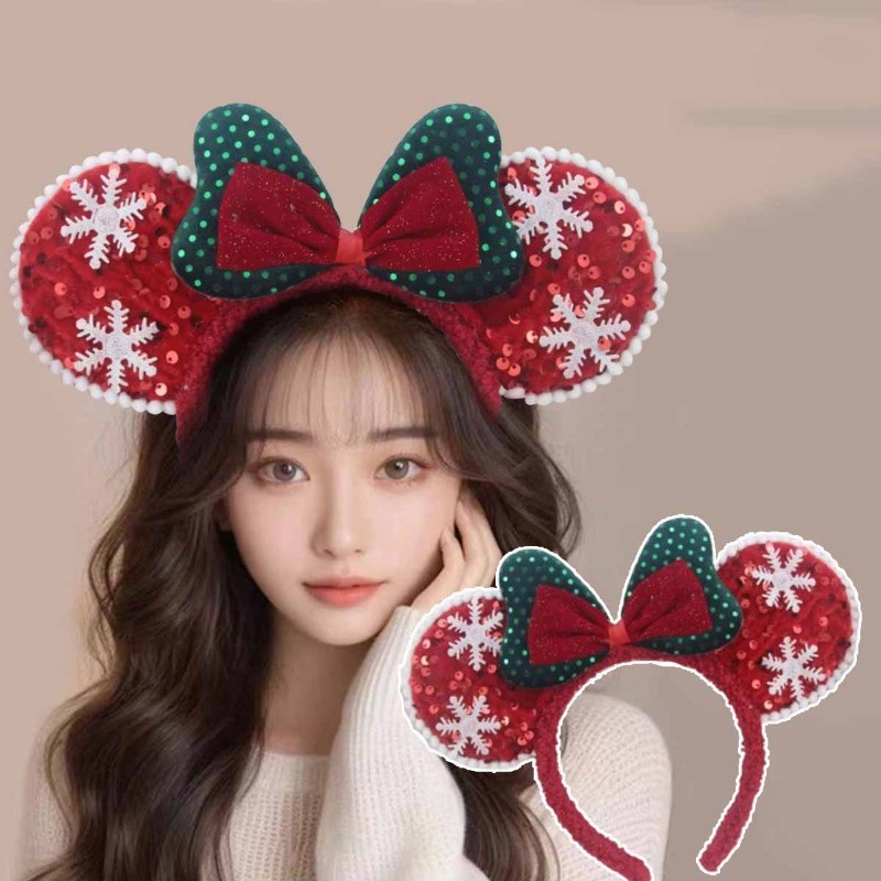 [คาดผม มิกกี้เมาส์ disney]ที่คาดผมโบว์คริสต์มาส 2024 เครื่องประดับผมหูเลื่อมใหม่