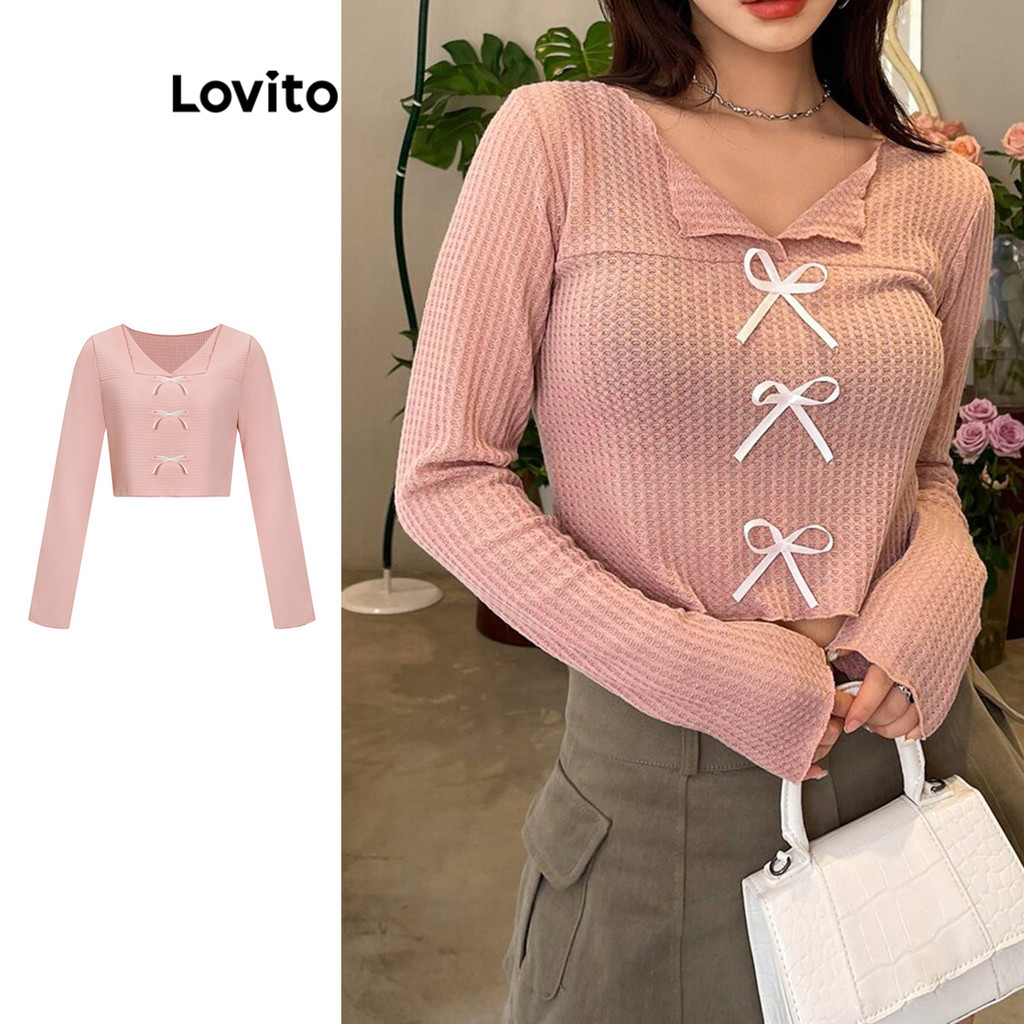 Lovito เสื้อยืดโครงสร้างด้านหน้าโบว์ธรรมดาน่ารักสำหรับผู้หญิง L106AD940