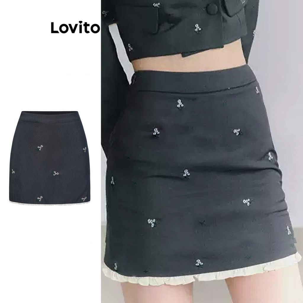 Lovito กระโปรงเย็บปักถักร้อยแบบสบาย ๆ สำหรับผู้หญิง L102AD277