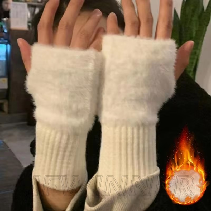 ถุงมือครึ่งนิ้ว-หญิง Fingerless Mittens-Thicken,สีทึบ-แฟชั่น,เรียบง่าย-ฤดูหนาวเก็บอุปกรณ์เสริมที่อบอุ่น-เลียนแบบMinkขนแกะถุงมือ