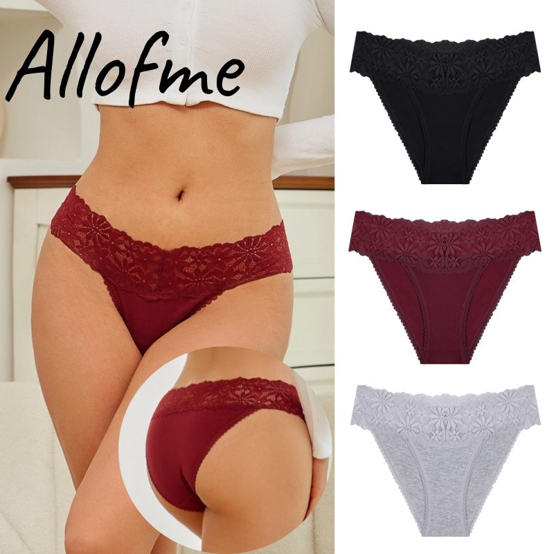 Allofme กางเกงชั้นในลูกไม้สําหรับผู้หญิงชุดชั้นในผ้าฝ้ายแท้เซ็กซี่กางเกงลมหายใจนุ่มสีทึบ S-XL