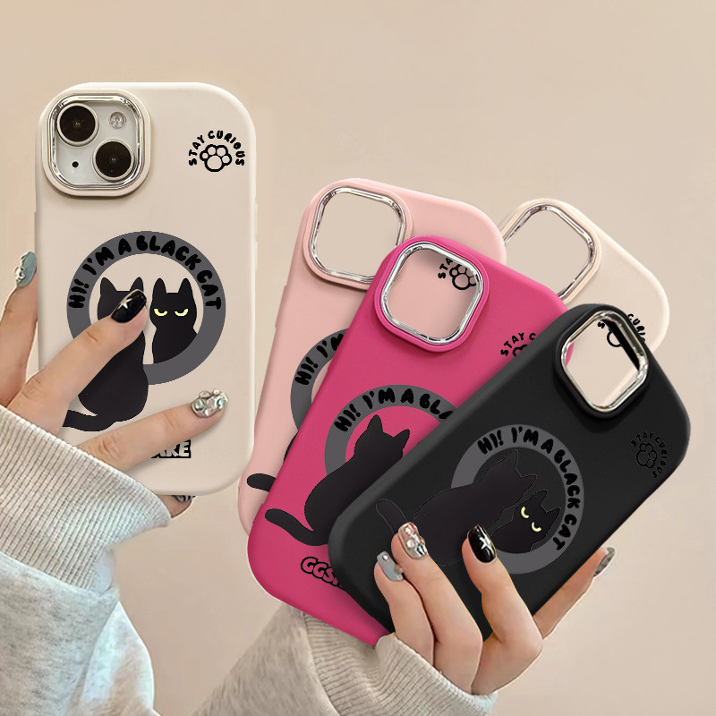 Creative Little Black Catเคสโทรศัพท์สําหรับIPhone16 12 13 14 15Pro Max Xr X XsMax 7 8 Plus Se2020 เลนส์กันกระแทกซิลิโคนอ่อนนุ่มTPUปกหลัง