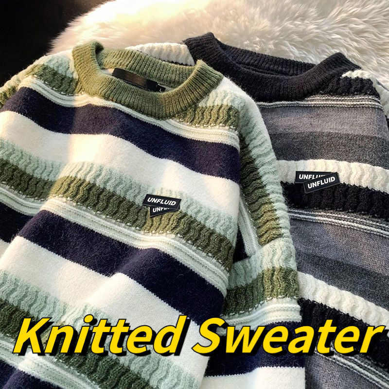 เสื้อสเวตเตอร์คอกลมผ้าถัก Thicken Stripe Retro สวมใส่สบายแฟชั่นฤดูใบไม้ร่วงและฤดูหนาวสําหรับผู้ชายและผู้หญิง