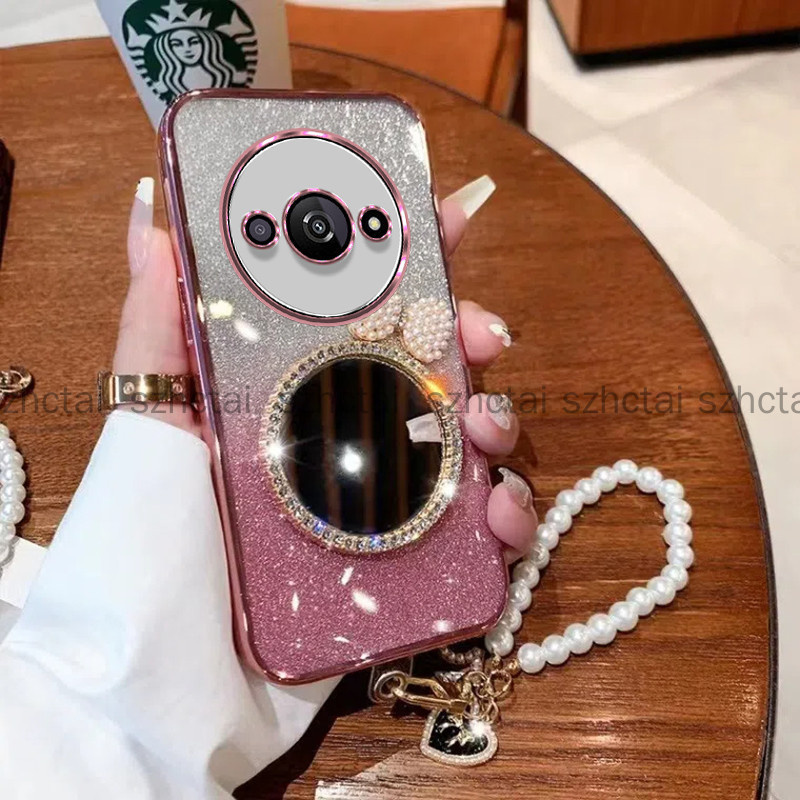 เคสโทรศัพท์ Redmi A3 A1 A2 Plus 13C 12C 10C 10 10A 9C Redmi 12 หรูหราแวววาวชุบโทรศัพท์กรณี กรณีโทรศัพท์ใสเปลือกหอยมุกโบว์กระจกแต่งหน้าพร้อมสร้อยข้อมือ เคส Redmi A3 A1 A2 Plus 13C 12C 10C 10 10A 9C Redmi 12