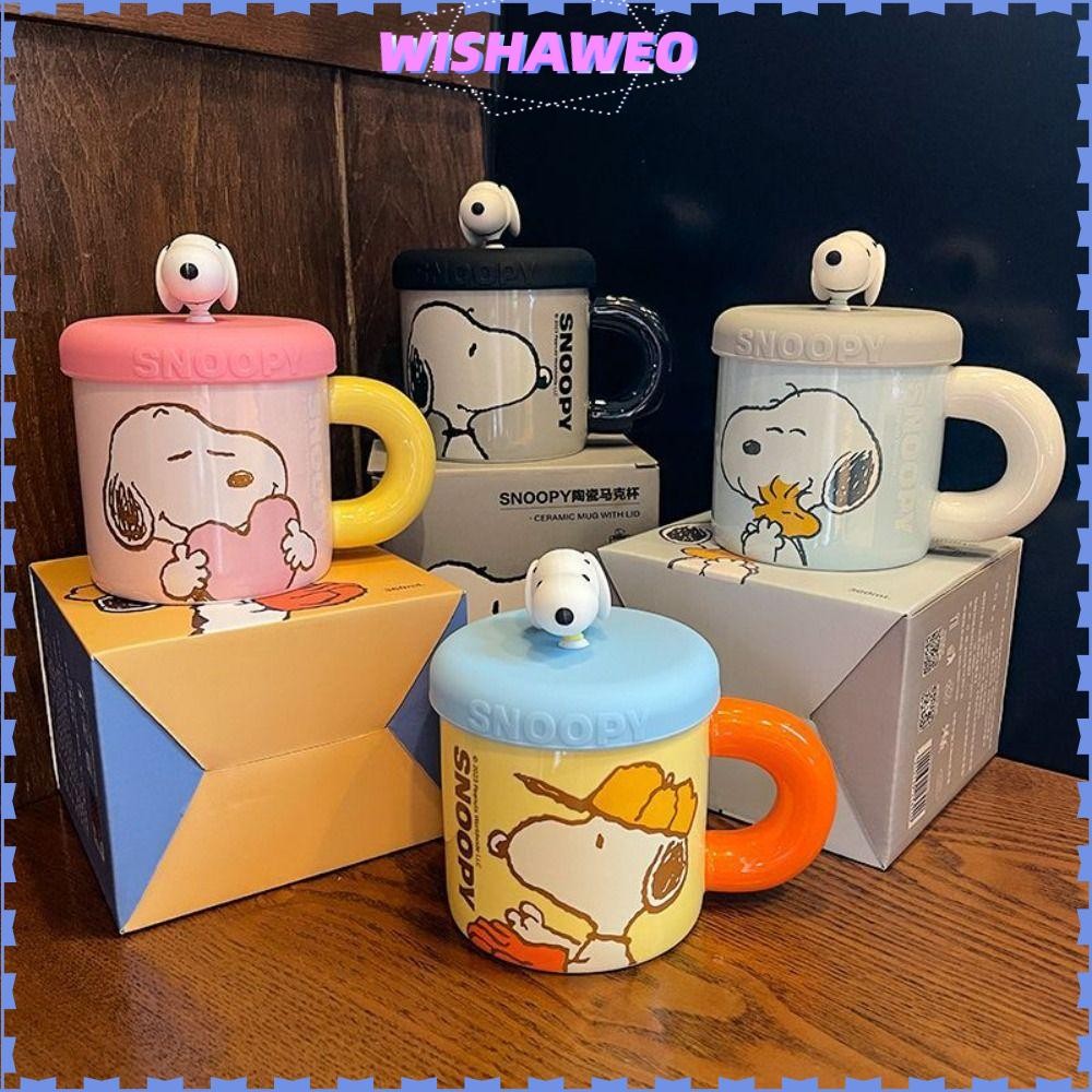 Wishaweo ถ้วยพอร์ซเลน, Snoopy พร้อมฝาปิดถ้วยน้ําคู่, ของขวัญถ้วยกาแฟ Periphery เซรามิกอนิเมะ