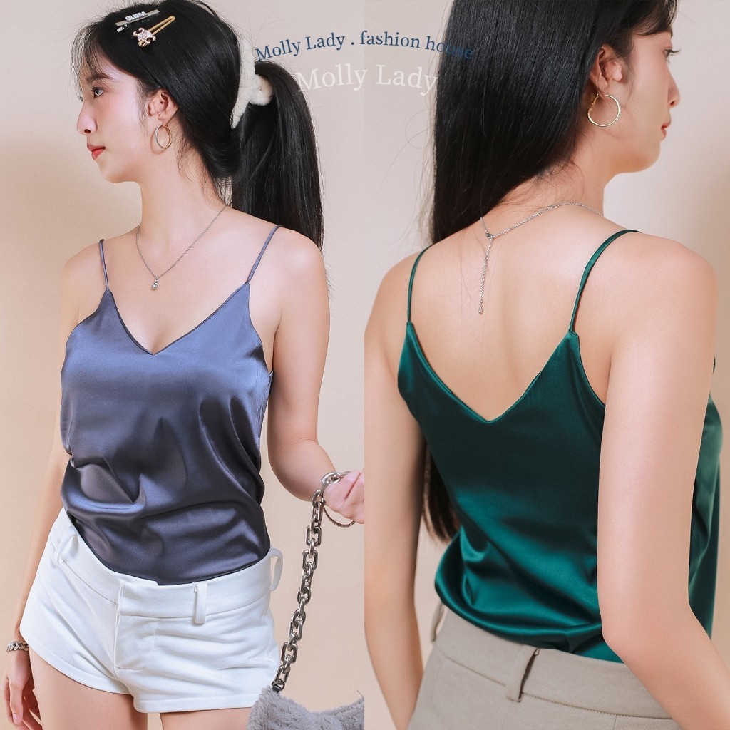 Molly Lady เสื้อกล้าม/สายเดียวผ้าไหมอิตาลี่ ยืดได้นุ่มเย็นสบายผิว คอวีหน้าหลัง/look uniqlo