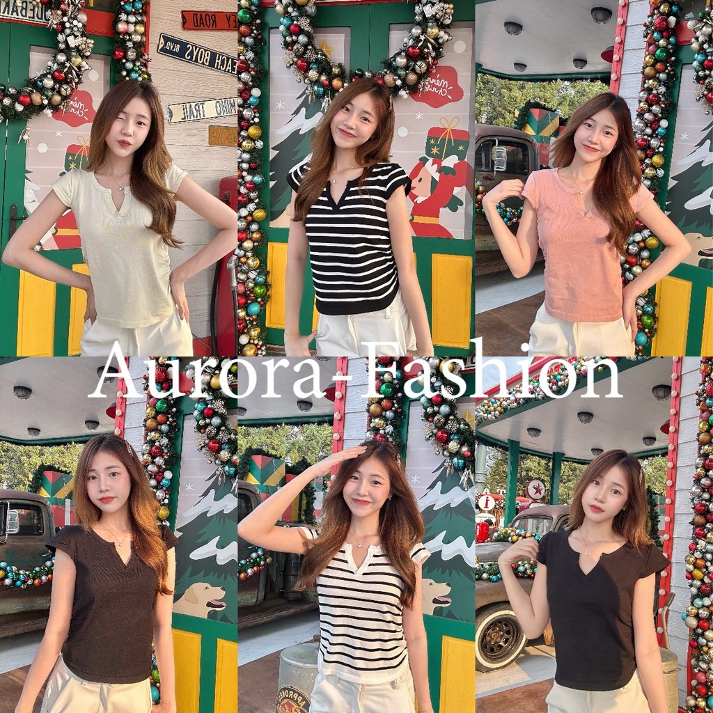 Aurora พร้อมส่ง (รูปถ่ายจากงานจริง) แขนสั้นลายทาง คอวีแขนสั้น มีหลายสีให้เลือก 5A105