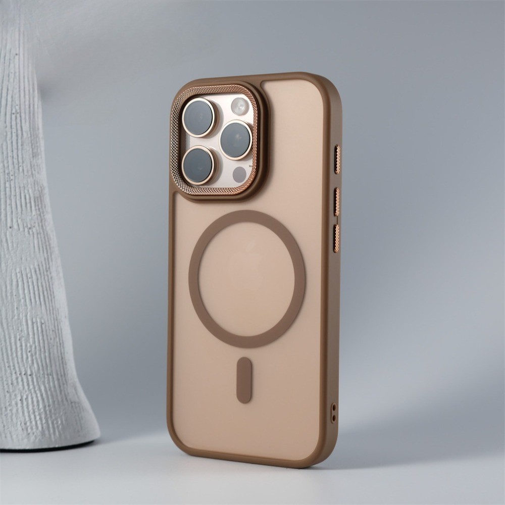 Desert Gold โลหะเพชรเนื้อเลนส์ปกป้องแม่เหล็กเคสโทรศัพท์สําหรับ iPhone 16 11 12 13 14 15 Pro Max 16 Plus Matte กันกระแทกปลอกใส PC ฝาหลัง