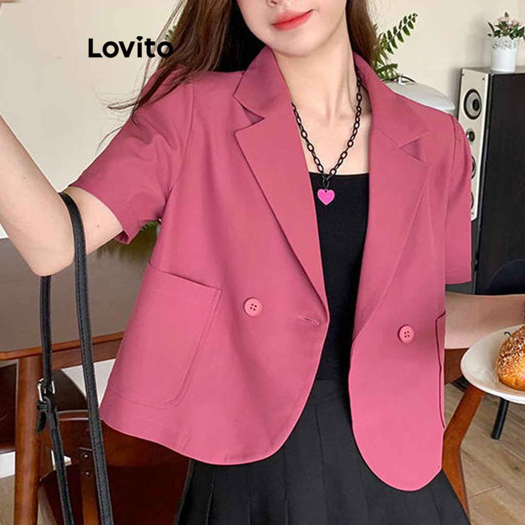 Lovito เบลเซอร์ผู้หญิง มีกระดุม กระเป๋าข้าง สีพื้น สไตล์หรูหรา LNE70808