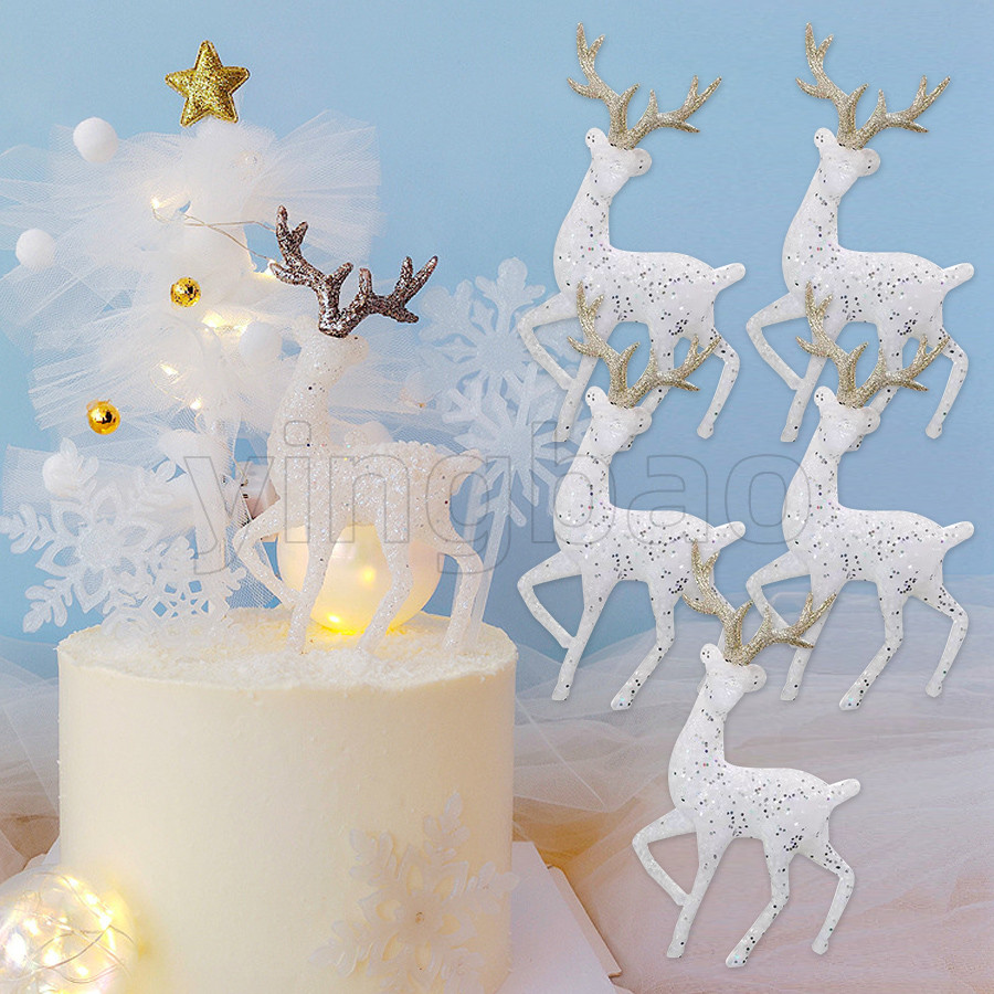 1/3/5 ชิ้นคริสต์มาสกวางเค้ก Topper สีขาว Reindeer ยืนกวางตุ๊กตา Xmas ปีใหม่เค้กตกแต่งเครื่องมือ Party Supplies