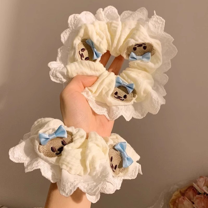 แฟชั่นผ้าฝ้ายขนาดใหญ่ Embroider Bowknot หมีผมหางม้าผมแหวนหัวเชือกผูกผม Scrunchies