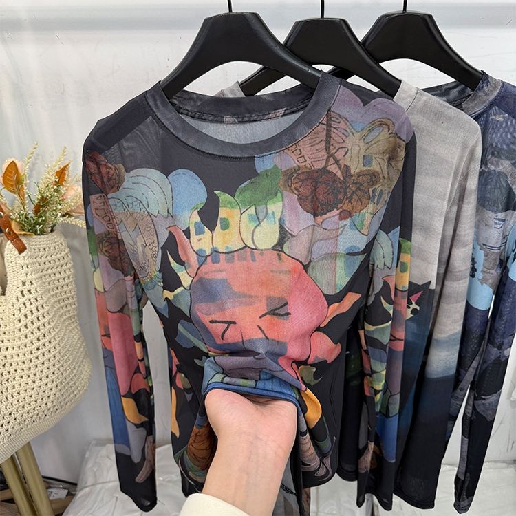 เสื้อยืดแขนยาวผ้าตาข่ายลายการ์ตูน น้ำหนักเบาทามoded สำหรับฤดูร้อน มาพร้อมลายดอกทานตะวันสวยงาม