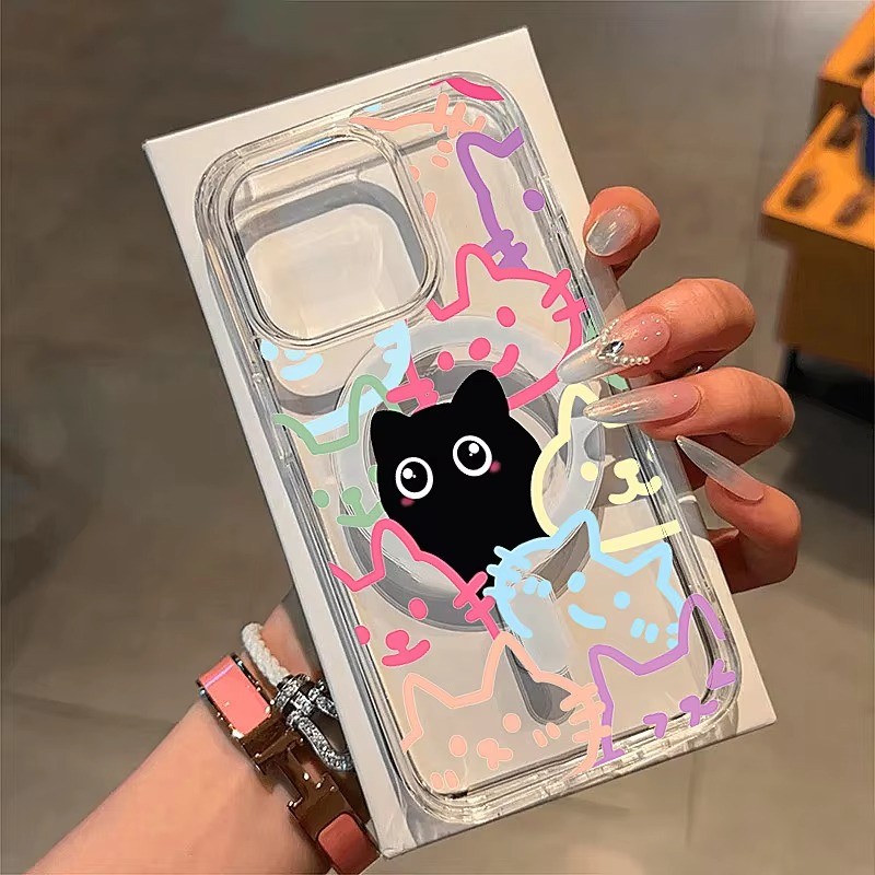เคสโทรศัพท์แม่เหล็กสําหรับIphone 11 13 12 Pro Max 16 15 14 Pro Max 16e XR X XS 7 8 Plusกันกระแทกแมวสีสันสดใส