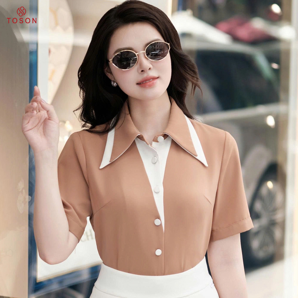 เสื้อคอปกเยอรมันผ้าไหมสีน้ําตาลผสมสีเบจครีม12006n95