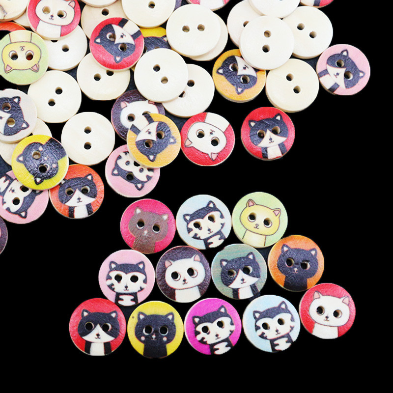 (100 ชิ้น/แพ็ค) ปุ่มแมวกว้าง 15 มม. 2 หลุม พิมพ์การ์ตูน สำหรับเสื้อผ้าและเครื่องประดับ DIY Craft