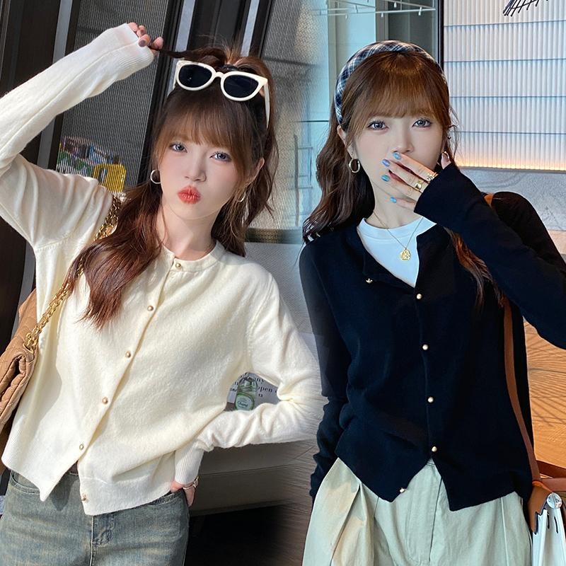 เสื้อคาร์ดิแกนถักไหมพรมสำหรับผู้หญิง คอกลม ใส่คลุมด้านนอก เสื้อแจ็คเก็ตสเวตเตอร์ไฮเอนด์ แขนยาว สไตล์เกาหลี#88010