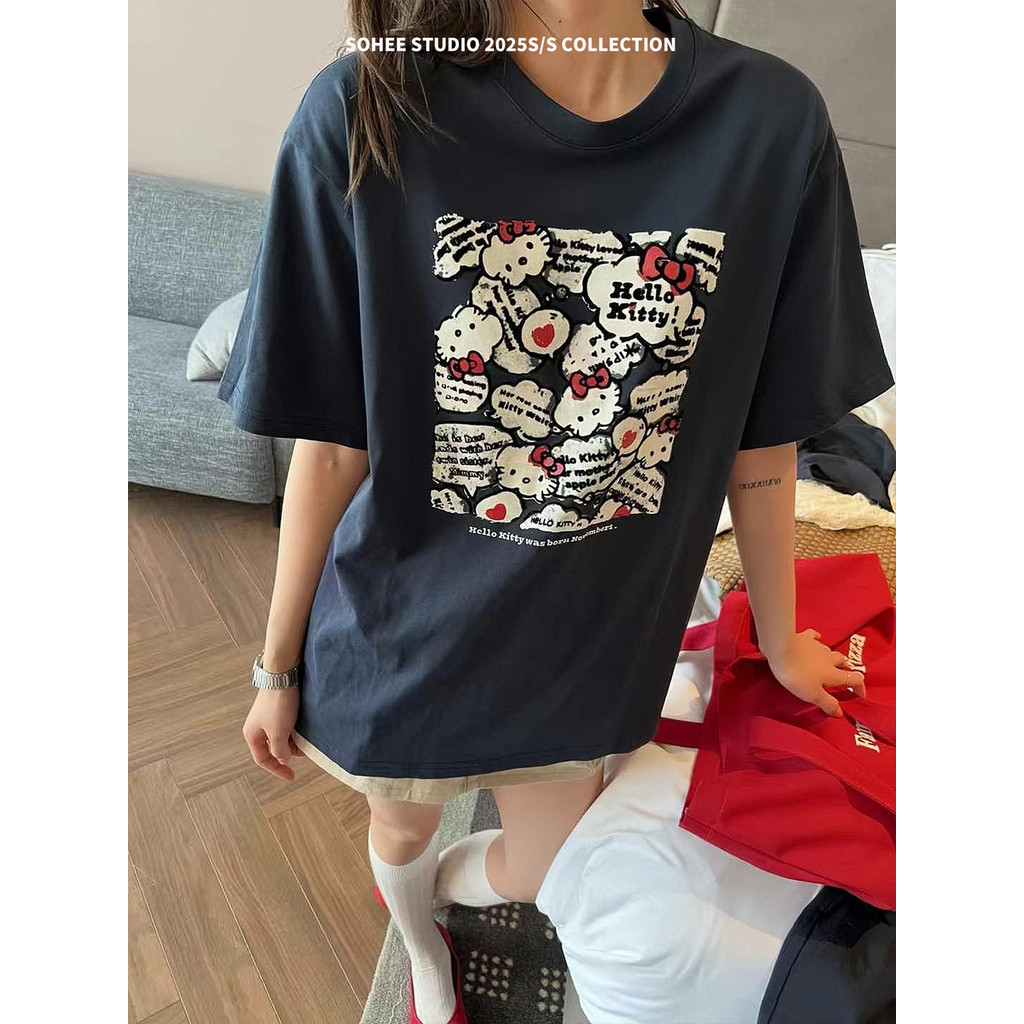 SOHEE SOHEE Korean Hellokitty เสื้อยืดแขนสั้นสำหรับผู้หญิง 2025 ฤดูร้อนใหม่ KT Cat Pure Pure Loose L