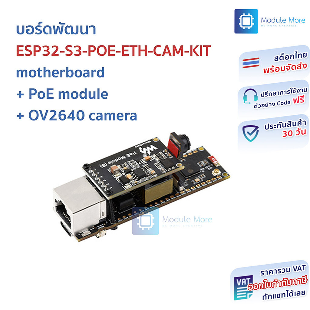 บอร์ดพัฒนา ESP32-S3-POE-ETH-CAM-KIT motherboard + PoE module + OV2640 camera ของแท้จาก Waveshare
