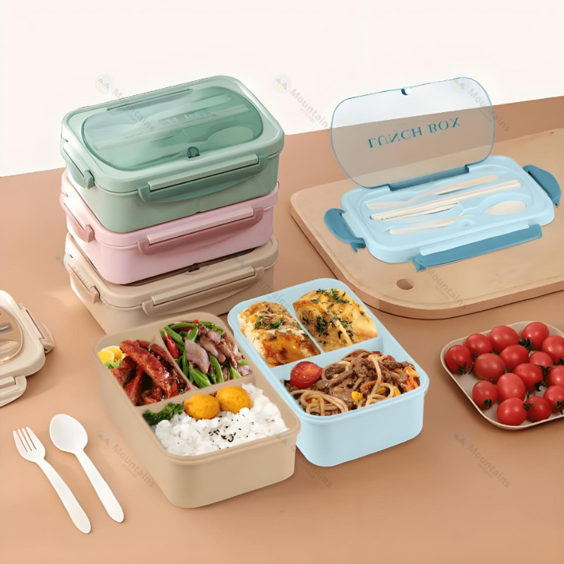 กล่องเบนโตะ กล่องข้าว กล่องอาหาร ใส่ไมโครเวฟได้ ฝาล็อค 4 ด้าน ป้องกันการรั่วไหล พร้อมช้อนส้อม ขนาด - รูปที่ 3
