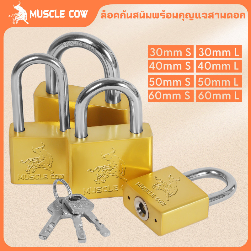 MUSCLE COW แม่กุญแจทองคุณภาพสูง พร้อมลูกกุญแจ 3 ดอก ใช้ได้ทั้งล็อคแขวนและประตู มีหลายขนาด ทั้งแบบยาวและสั้น ทนทาน ใช้งาน