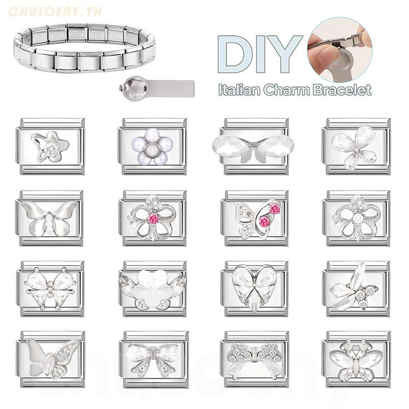 สร้อยข้อมือสแตนเลสสไตล์เรโทร กับเพชรดอกไม้โบว์อิตาเลียน Charms สำหรับ DIY เสริมบุคลิกภาพและตกแต่ง