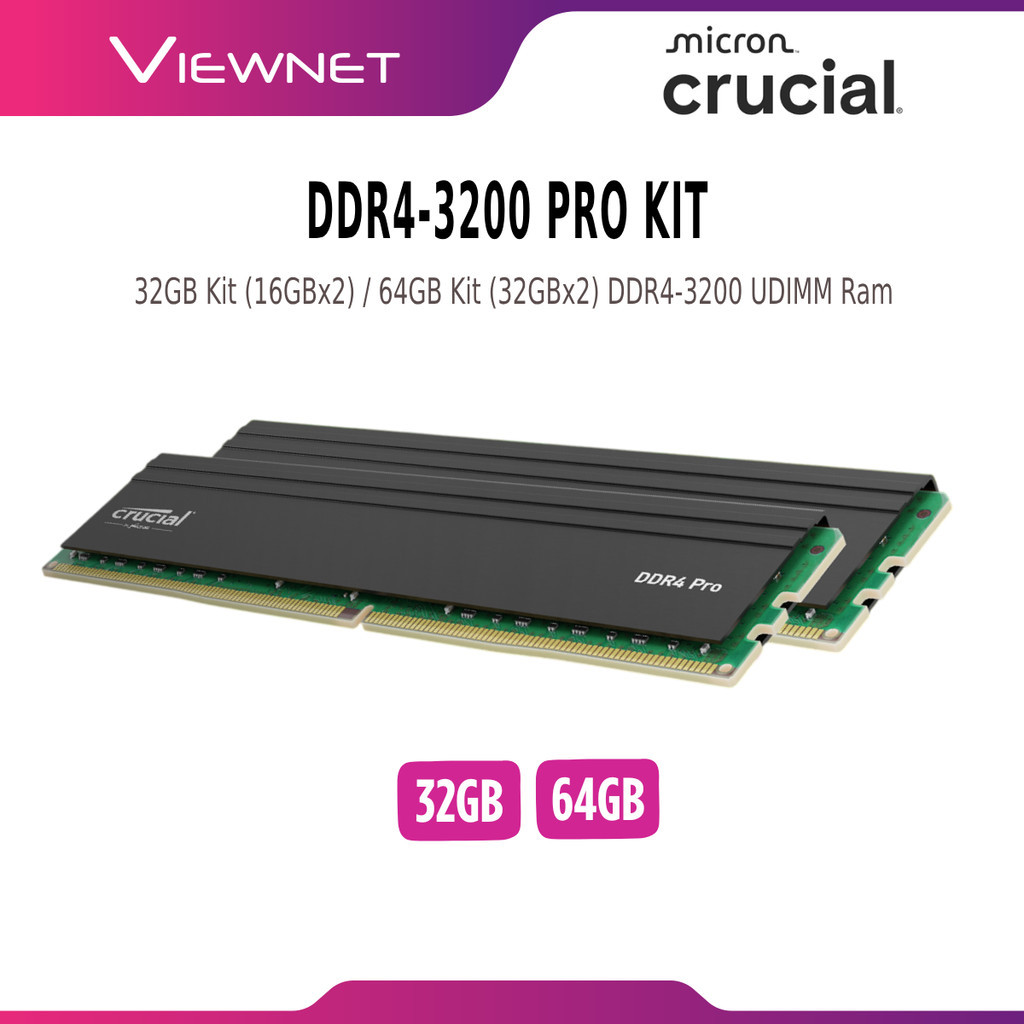 CRUCIAL PRO 32GB KIT (16GBX2) / 64GB (32GBX2) DDR4-3200 UDIMM DESKTOP PC MEMORY RAM- CP2K16G4DFRA32A