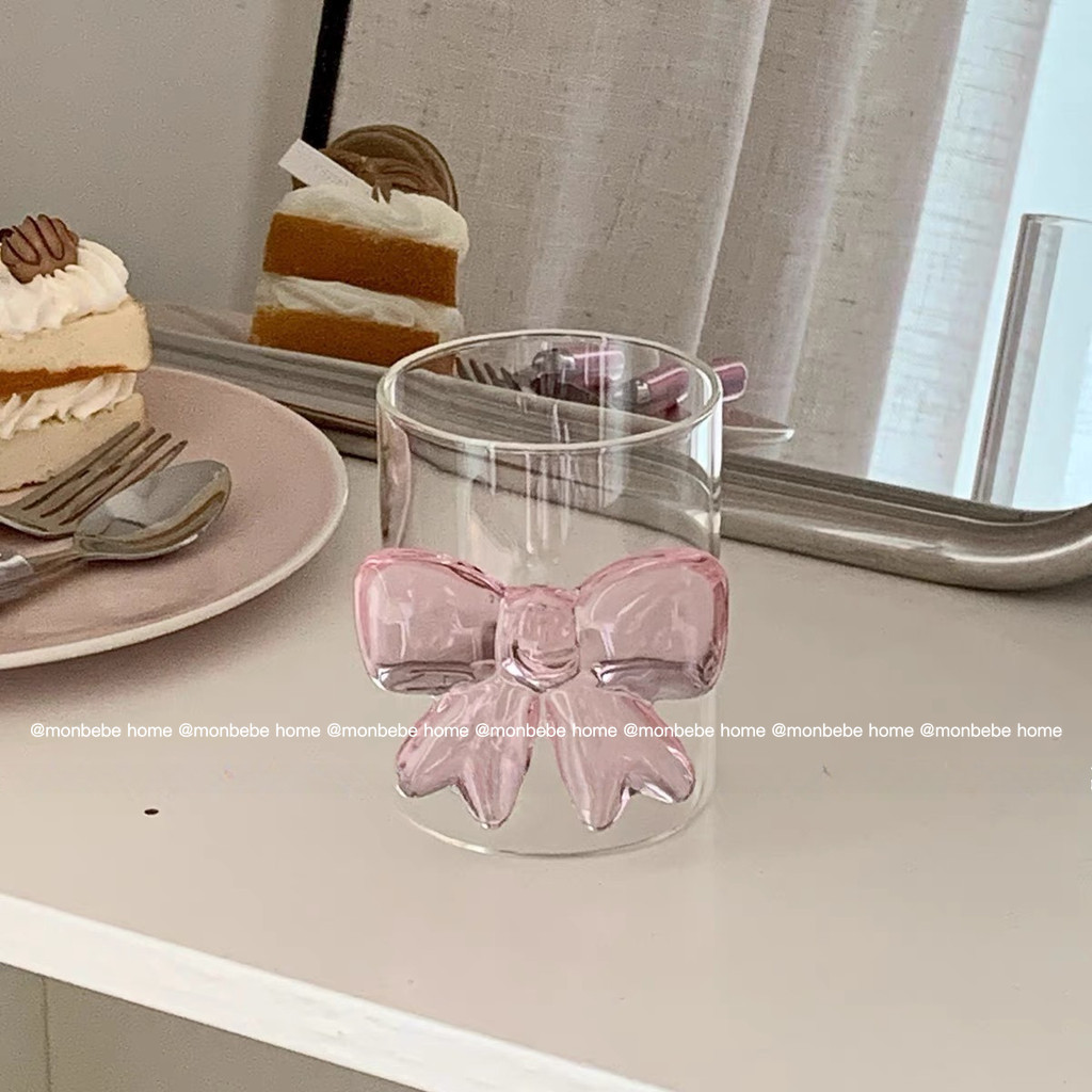 แก้ว แก้วน้ำ แก้วกาแฟ โบว์🎀3d 300mlสำหรับร้านกาแฟ พร้อมส่ง
