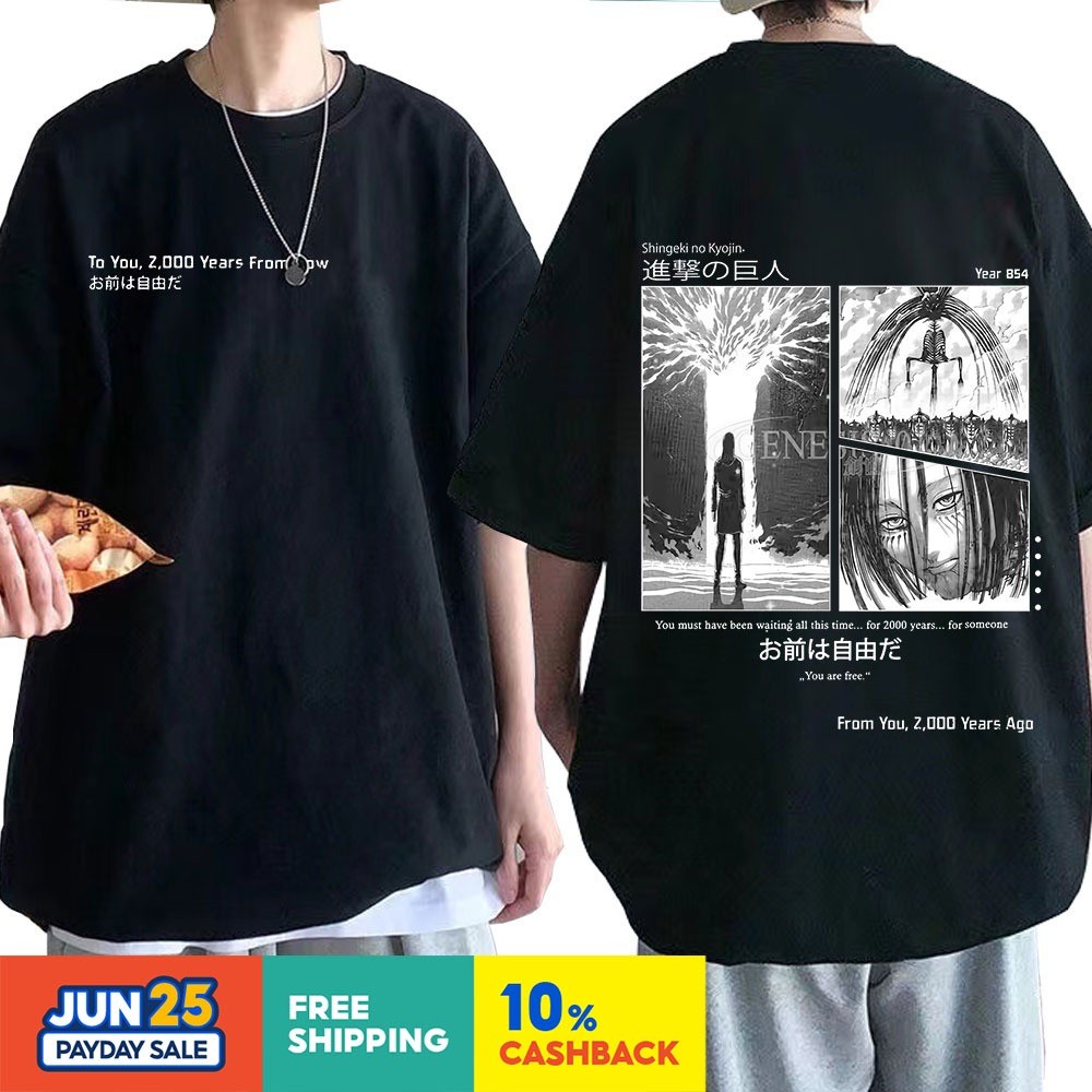 S-5XL ขนาด Readystock Attack on Titan เสื้อยืดผ้าฝ้าย 100% สไตล์ฮาราจูกุแขนสั้นแฟชั่นรูปแบบ Unisex Unisex Anime Theme Top
