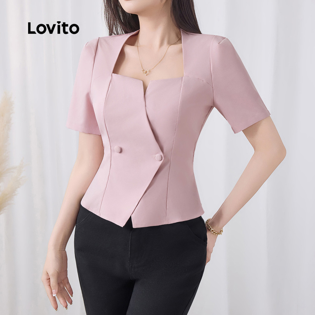 Lovito เสื้อเบลาส์ทรงเรียบชายระบายหรูหราสำหรับฤดูร้อน/ฤดูใบไม้ผลิสำหรับผู้หญิง L132ED086