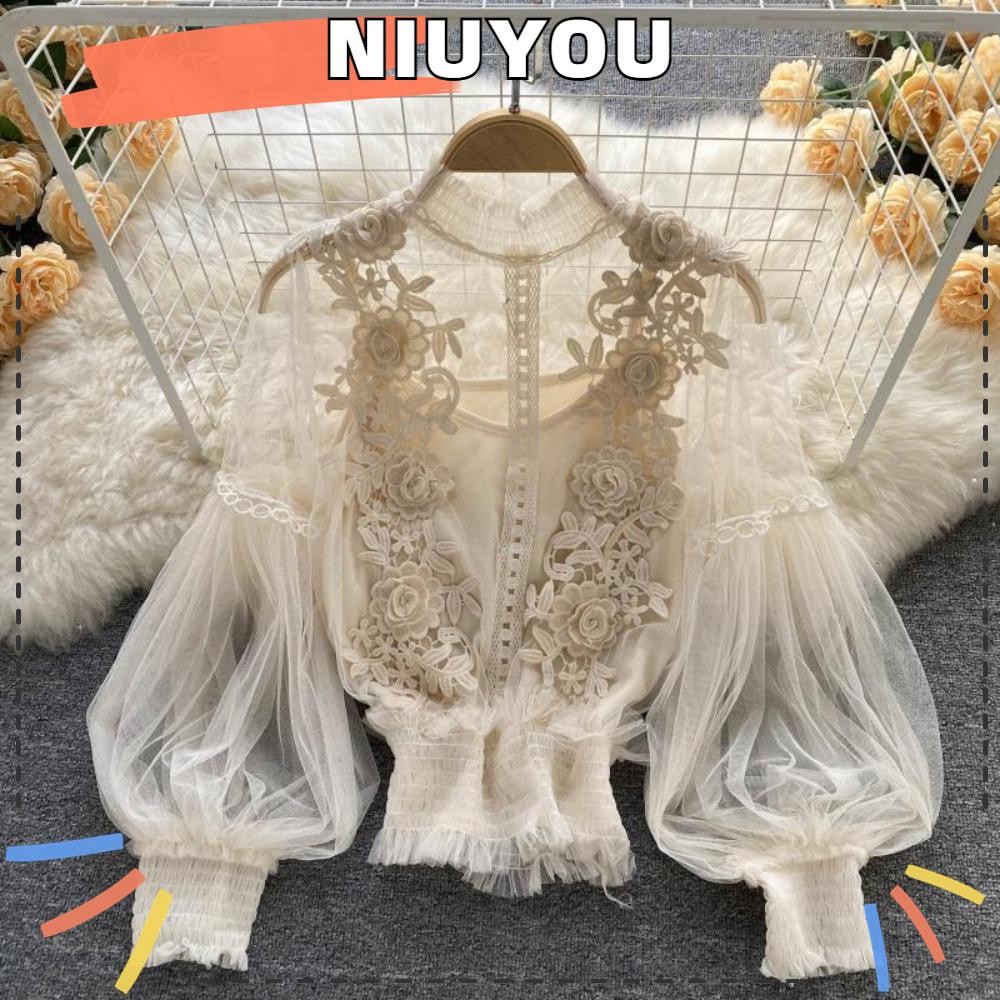 NIUYOU 2 ชิ้น/เซ็ต Cropped Top, ดอกไม้ลูกไม้พัฟเสื้อแขนยาว, ฤดูร้อนเกาหลีแฟชั่น Casual ผู้หญิงเสื้อเสื้อผ้าผู้หญิง