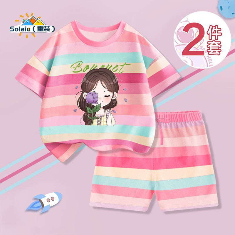 ชุดสูทเด็กผู้หญิงเสื้อยืดแขนสั้นชุดสองชิ้น Influencer Strip - รูปที่ 5